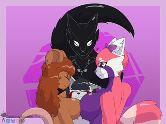 accessory bald bald_tail big_breasts black_body black_fur black_hair black_tail bow_ribbon breast_squish breasts breasts_frottage brown_body brown_fur countershade_fur countershade_torso countershading ear_piercing female female/female fluffy fluffy_tail fur fur_markings gradient_background grey_body grey_fur group hair hair_accessory hair_bow hair_ribbon happy huge_breasts hyper hyper_breasts markings medium_breasts messy_hair mouse_tail piercing pink_background pink_tail pupils purple_background purple_body purple_bow purple_countershading purple_eyes red_body red_fur ribbons simple_background smile smiling_at_another squish tail thick_tail white_eyes white_sclera zaraunitymasters mythology isabelle_(alienjayrod) mara_(mara_the_voiddragon) penelope_(alienjayrod) zara_(zaraunitymasters) ailurid canid canine canis dragon mammal mouse murid murine mythological_creature mythological_scalie red_panda rodent scalie void_dragon wolf 4:3 cel_shading hi_res shaded signature watermark