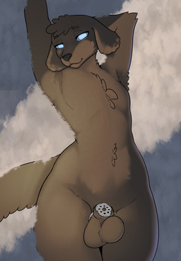 animal_genitalia anthro balls bedding bedding_background big_balls blue_eyes chastity_cage chastity_device flat_chastity_cage fluffy fully_sheathed genitals hands_behind_head high-angle_view looking_at_viewer lying male metal_chastity_cage nude on_back pose sheath solo tail wearing_chastity_cage wearing_chastity_device wide_hipped_anthro wide_hipped_male wide_hips kennedy_oz kinktober kinktober_2025 the_nature_of_predators alien farsul_(the_nature_of_predators) mammal 2025 hi_res