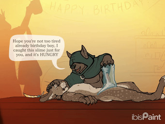 anthro birthday broach_(jewelry) cloak cloak_only clothing crescent_moon_(marking) detailed_background duo exhibitionism eyes_closed fur furgonomic_headwear furgonomics genitals humanoid_genitalia humanoid_penis lying male male/male markings masturbation moon_(marking) nipples nude on_back open_mouth open_smile party penetrable_sex_toy penis penis_in_slime sex_toy short_fur slime slime_sex smile spots spotted_body spotted_fur toony whiskers dungeonhound fek background_character fekkri_talot goo_creature 4:3 animated