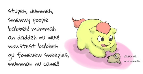 ambiguous_feral ambiguous_gender angry baby_talk bad_parenting bodily_fluids crying dialogue duo feral fur grey_body grey_fur grey_tail hair imminent_death neonate pink_hair pink_tail tail tears text yellow_body yellow_fur young young_ambiguous young_feral carpdime fluffy_pony fluffy_pony_(species) mammal digital_media_(artwork) english_text shaded