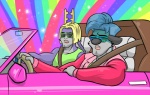 anthro antlers blonde_hair blue_hair car clothing duo eyewear fur grey_body grey_fur hair horn inside_car inside_vehicle jacket male purple_body purple_fur rainbow rainbow_arch sunglasses super_gay topwear vehicle fatigue_(artist) bedfellows disney gravity_falls craz fatigue_(bedfellows) sheen_(bedfellows) xyler canid canine canis deer domestic_cat domestic_dog felid feline felis hybrid jackalope lagomorph mammal