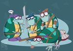 anthro clothed clothing death eyewear group male simple_background text weapon toongrowner nickelodeon rocko's_modern_life teenage_mutant_ninja_turtles filburt_shellbach reptile scalie turtle hi_res