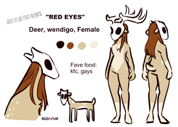 anthro antlers bone bone_mask brown_hair female feral hair horn mask simple_background skull skull_mask solo text white_background redxfur american_mythology indigenous_north_american_mythology mythology north_american_mythology red_eyes(redxfur) deer mammal wendigo english_text hi_res model_sheet