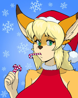 anthro blonde_hair candy candy_cane candy_cane_in_mouth christmas_clothing christmas_headwear clothing costume dessert ears_up eyebrows eyelashes female food fur green_eyes hair hat headgear headwear holidays looking_at_viewer orange_body orange_fur santa_costume santa_hat snow solo wearing_hat chisheq christmas nadia_(chisheq) 4:5 hi_res