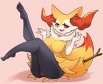 anthro big_breasts breasts feet female fur humanoid_feet nude plantigrade red_eyes simple_background soles solo stick_in_tail toes yellow_body yellow_fur fullpillow_(artist) nintendo pokemon braixen generation_6_pokemon pokemon_(species) absurd_res hi_res