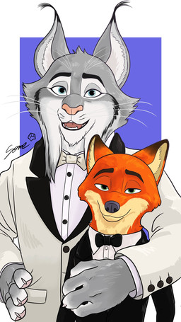 anthro arm_wrapping black_tie_(suit) blue_body blue_scales bow_tie clothed clothing duo fur green_eyes grey_body grey_fur male orange_body orange_fur paws pointy_ears scales suit white_suit_jacket some_(someone) disney zootopia cattrick_lynxley nick_wilde canada_lynx canid canine felid feline fox lynx mammal red_fox true_fox 9:16 hi_res