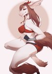 anthro big_ears bra breasts clothing ear_piercing ear_ring female fur gloves hair handwear jewelry kneeling lingerie long_hair looking_at_viewer looking_back necklace panties piercing pose red_body red_eyes red_fur red_hair ring_piercing simple_background smile solo tail underwear white_body white_fur vexstacy mythology tala_draeis dragon drakari mythological_creature mythological_scalie scalie absurd_res digital_media_(artwork) hi_res pinup shaded