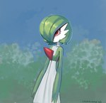 background_shot blue_sky clothing dress female green_hair hair looking_at_viewer outside plant red_eyes shrub sky solo standing white_clothing white_dress calmnivore conditional_dnp nintendo pokemon gardevoir generation_3_pokemon humanoid pokemon_(species) 2023 portrait signature