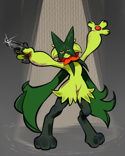 3_fingers 3_toes abstract_background ambiguous_gender anthro black_body black_fur black_legs claws closed_smile feet fingers fur green_body green_fur grey_background gun hands_up holding_gun holding_object holding_ranged_weapon holding_weapon looking_at_viewer mouth_closed multicolored_body multicolored_fur pawpads paws ranged_weapon simple_background smile solo standing toes weapon darkluxia nintendo pokemon generation_9_pokemon meowscarada pokemon_(species) 2025 absurd_res hi_res