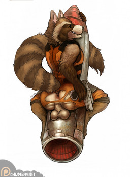 anthro backsack balls brown_body brown_eyes brown_fur bubble_butt butt clothed clothing fangs fur genitals glistening glistening_eyes grin gun holding_gun holding_object holding_ranged_weapon holding_weapon looking_at_viewer male male_anthro markings narrowed_eyes ranged_weapon rear_view rocket simple_background smile solo striped_markings striped_tail stripes tail tail_markings teeth torn_clothing weapon white_background white_balls white_body white_fur chumbasket guardians_of_the_galaxy marvel rocket_raccoon mammal procyonid raccoon hi_res signature