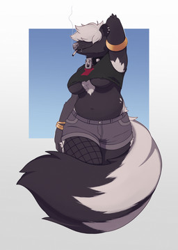 alternative_fashion anthro armband belly big_breasts big_tail biped black_body black_clothing black_fur black_topwear bottomwear breasts cigarette clothing collar crop_top denim denim_bottomwear denim_clothing denim_shorts dipstick_tail ear_piercing ear_ring ear_stud facial_piercing fangs female fishnet_clothing fishnet_legwear fur goth grey_nose hair hair_over_eyes hand_behind_head legwear lip_piercing lip_stud markings multicolored_body multicolored_fur navel nose_piercing nose_ring piercing pose ring_piercing septum_piercing septum_ring shirt shorts simple_background slightly_chubby slightly_chubby_anthro slightly_chubby_female smoke smoking smoking_cigarette snakebite_piercing solo spiked_collar spikes tail tail_markings teeth thick_thighs topwear torn_clothing torn_topwear two_tone_body two_tone_fur under_boob white_body white_fur white_hair wristband kintsugeist mammal mephitid skunk 2022 hi_res portrait