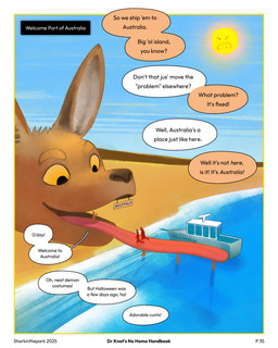 ambiguous_gender anthro beach big_head boat border dialogue eyebrows greeting long_tongue open_mouth profanity speech_bubble sun text tongue vehicle watercraft wave white_border sharkinthepark angry_sun kangaroo macropod mammal marsupial 2025 4:5 absurd_res english_text hi_res