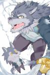 angry claws clothed clothing doll duo fully_clothed hair male mane mane_hair water yellow_eyes osaruyan lifewonders tokyo_afterschool_summoners hati_(tas) canid canine canis mammal wolf hi_res