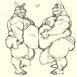 anthro belly belly_overhang belly_squish big_bulge bodily_fluids bulge clothing duo genital_fluids heart_symbol hook hook_hand jockstrap machine male male/male moobs obese overweight overweight_male precum precum_through_clothing precum_through_underwear squish thick_thighs underwear wet wet_clothing tora_gy five_nights_at_freddy's scottgames foxy_(fnaf) freddy_(fnaf) animatronic bear canid canine fox mammal robot 1:1 sketch