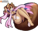 anthro big_breasts big_tail bra breasts bulge clothing colored_tail glistening glistening_hair gynomorph hair heterochromia highlights_(coloring) intersex long_hair panties solo swimwear tail text underwear volodyanocturne peebee mammal rodent sciurid tree_squirrel url