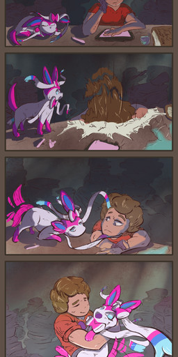 ambiguous_gender blue_body blue_ears blue_eyes book carrying_another clothed clothing comforting duo excited feral fur furniture hug male pencil_(object) pink_body pink_ears table tablet tail tail_motion tailwag tired white_body white_fur the_creacher nintendo pokemon eeveelution generation_6_pokemon human mammal pokemon_(species) sylveon absurd_res comic hi_res