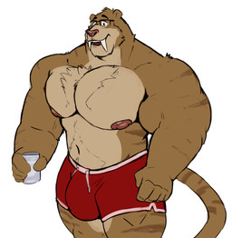 anthro barazoku beverage big_bulge big_muscles big_nipples big_pecs body_hair bottomwear bulge chest_hair clothed clothing detailed_bulge eyewear fangs glasses happy_trail holding_beverage holding_object looking_at_viewer male muscular muscular_arms muscular_legs muscular_male navel nipples open_mouth pecs shorts simple_background smile solo stripes tail teeth topless white_background tcw felid mammal prehistoric_species saber-toothed_tiger hi_res