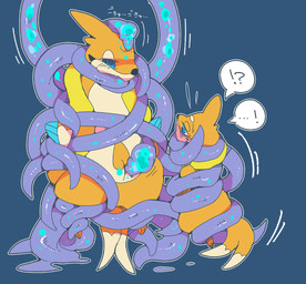 ambiguous_gender blue_background bodily_fluids drooling duo ellipsis exclamation_point feral goo_tentacles interrobang kemono mind_control oral oral_penetration penetration restrained saliva simple_background speech_bubble tentacles text winte nintendo pokemon buizel floatzel generation_4_pokemon mammal mustelid pokemon_(species) 2015 hi_res japanese_text