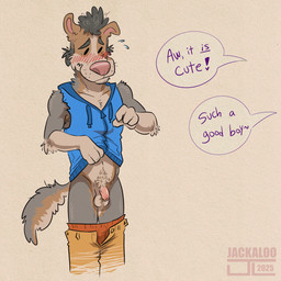 anthro armpit_hair ball_tuft balls black_dot_eyes blue_clothing blue_hoodie blue_topwear blush bodily_fluids body_hair bottomwear bottomwear_down clothed clothing clothing_lift compliment dialogue embarrassed flaccid flying_sweatdrops foreskin fur genitals good_boy grey_body grey_fur grey_hair hair hoodie humanoid_genitalia humanoid_penis logo male offscreen_ambiguous offscreen_character orange_bottomwear orange_clothing orange_shorts orange_underwear partially_clothed penis pink_penis raised_clothing raised_topwear red_nose shirt shirt_lift shorts shorts_down simple_background sleveless_hoodie small_penis small_penis_appreciation solo speech_bubble standing sweat sweatdrop text tight_foreskin topwear tuft underwear underwear_down unretracted_foreskin jackaloo mark_mcmurphy canid canine canis domestic_dog hunting_dog irish_wolfhound mammal sighthound 1:1 2025 artist_logo artist_name dated digital_drawing_(artwork) digital_media_(artwork) hi_res