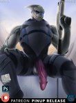 alien armor balls big_balls big_penis bioware claws clothed clothing electronic_arts english_text erection feet flaccid garrus_vakarian genitals gun holding_object holding_weapon huge_penis long_penis looking_at_viewer male mass_effect not_furry penis penis_through_fly pinup poking_out pose ranged_weapon sleeveless_shirt solo spelunker_sal talons text toes turian weapon