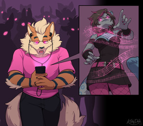 anthro black_stripes blue_body blue_fur bottomwear breasts brown_hair claws clothed clothed_anthro clothed_female clothed_male clothing colored_nails duo electronics eyewear female fingernails fishnet_clothing fishnet_legwear fluffy fluffy_tail fur glasses glowing glowing_eyes hair highlights_(coloring) holding_object holding_phone hypnosis legwear male mind_control multicolored_body multicolored_fur multicolored_hair nails orange_body orange_fur pants phone pink_clothing pink_eyes pink_fingernails pink_highlights pink_nails pink_shirt pink_topwear shirt standing striped_body striped_fur stripes t-shirt tail tan_body tan_fur tan_hair topwear two_tone_body two_tone_fur two_tone_hair wearing_glasses white_body white_fur kittydee nintendo pokemon angelica_(ashkelling) lego_(legotron123) arcanine felid feline generation_1_pokemon mammal pantherine pokemon_(species) 2026 absurd_res digital_drawing_(artwork) digital_media_(artwork) hi_res