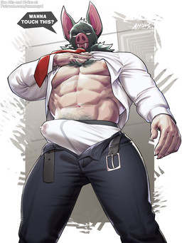 abs areola belt bodily_fluids body_hair bottomwear bulge chest_hair claws clothing collared_shirt dialogue dress_shirt erection erection_under_clothing fangs for_a_head genital_fluids half-closed_eyes looking_at_viewer male muscular muscular_male narrowed_eyes navel necktie nipples no_irises no_pupils pants pecs pink_nose precum precum_through_clothing precum_through_underwear pubes shirt simple_background solo speech_bubble teeth tenting text topwear underwear wet wet_clothing white_eyes amon-sydonai dispatch sonar_(dispatch) animal_head animal_humanoid bat bat_humanoid humanoid mammal mammal_humanoid english_text hi_res watermark