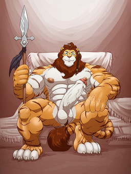 abs anthro athletic balls beard bed biceps big_muscles big_penis biped bracelet brown_body brown_fur brown_hair chair claws dreadlocks erection facial_hair feet foreskin fur furniture genitals glans green_eyes grin hair humanoid_genitalia humanoid_penis jewelry looking_at_viewer male mane manly markings melee_weapon muscular muscular_anthro muscular_male nipples nude orange_body orange_fur partially_retracted_foreskin pecs penis pink_glans pink_nose polearm pose presenting presenting_penis shaft_divide sitting smile solo spear spread_legs spreading stripes tail tail_tuft thick_penis throne toe_claws toes tribal tuft vein veiny_penis weapon white_body white_fur white_penis grisser mbeya_tion felid hybrid liger lion mammal pantherine tiger 2011
