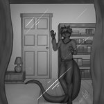 anthro fur grey_background hair horn male outside_looking_in pawpads simple_background solo through_window malekart 1:1 black_and_white digital_drawing_(artwork) digital_media_(artwork) greyscale monochrome