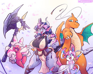 abstract_background anthro axe battle_axe big_breasts bottomwear bra breasts clothing female feral gem group hair horn loincloth long_hair looking_at_viewer mature_female membrane_(anatomy) membranous_wings multi_horn pokeball underwear wings fantomartz mythology nintendo pokemon diana_(fantomartz) dragon dragonite eeveelution generation_1_pokemon generation_6_pokemon generation_9_pokemon mythological_creature mythological_scalie pokemon_(species) scalie sylveon tinkaton 2023 digital_media_(artwork)