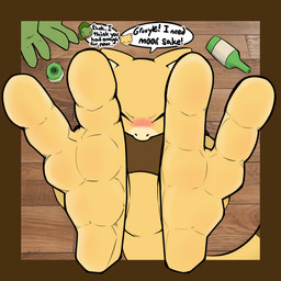 2_toes alcohol anthro beverage blush blush_lines brown_body dialogue drunk feet floor foot_fetish foot_focus legs_up on_ground sake sake_bottle speech_bubble substance_intoxication text toes wood wood_floor yellow_body baeba monster_mind nintendo pokemon fan_character abra generation_1_pokemon generation_3_pokemon grovyle pokemon_(species) 1:1 english_description english_text hi_res