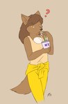 anthro beverage black_nose brown_body brown_fur brown_hair clothed clothing drinking_straw female flat_chested fur hair holding_beverage holding_object inner_ear_fluff looking_at_viewer multicolored_body multicolored_fur open_mouth question_mark shirt simple_background solo tank_top topwear tuft two_tone_body two_tone_fur white_chest yellow_eyes starfighter freefall_(webcomic) florence_ambrose bowman's_wolf canid canine canis mammal red_wolf wolf 2013