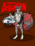 aircraft anthro big_tail claws dog_tags dyed_fur erection fluffy fluffy_tail fur genitals gesture grey_body grey_fur hand_gesture helicopter highlights_(coloring) male military missing_arm neck_tuft neon_lights penis prosthetic prosthetic_arm prosthetic_limb red_body red_fur scar soldier solo tail tired_eyes tuft uh-60 uh-60_blackhawk v_sign vehicle warrior ashtronaut ashton_thatcher mammal procyonid raccoon 3:4 hi_res