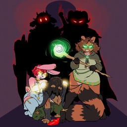 angry anthro barefoot belt blood bodily_fluids bottomwear breasts brown_body brown_fur brown_hair clothing facial_markings fantasy feet female fur glowing glowing_eyes gold_(metal) gold_jewelry green_clothing group hair head_markings holding_object holding_staff jewelry kneeling looking_at_viewer magic magic_user markings mask_(marking) open_mouth pants pink_body pink_fur red_hair simple_background size_difference slightly_chubby staff standing tail torn_clothing wounded cinnamimi lacey_(colabun) runa_ravnsdal samantha_(cinnamimi) bear lagomorph leporid mammal procyonid rabbit raccoon 1:1 2026 absurd_res digital_media_(artwork) hi_res herm_(lore)