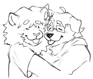 anthro black_line_art blep closed_smile clothed clothing duo eyebrows eyes_closed eyewear floppy_ears glasses happy hoodie hug male mane mouth_closed one_eye_closed rectangular_glasses shirt simple_background smile snout tongue tongue_out topwear wearing_glasses white_background tangkookie kookie_(tangkookie) polar_(ramshizen) canid canine canis domestic_dog felid lion mammal pantherine 2024 digital_drawing_(artwork) digital_media_(artwork) greyscale monochrome sketch