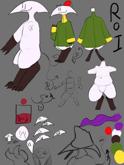 anthro blood bodily_fluids clothed clothing featureless_crotch hat headgear headwear looking_at_viewer male nude open_mouth simple_background slightly_chubby smile solo standing tail text tongue white_body rockpankake roi_(rockpankake) 2024 3:4 digital_media_(artwork) english_text hi_res model_sheet