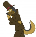 anthro brown_eyes clothed clothing hat headgear headwear male overcoat simple_background solo tail thinking thoughtful_expression top_hat white_background doggieo level-5 professor_layton_(series) professor_layton canid canine canis domestic_dog german_shepherd herding_dog mammal pastoral_dog 2009 colored