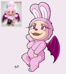 anthro belly big_breasts breasts eyelashes featureless_breasts female fur long_ears looking_at_viewer membrane_(anatomy) membranous_wings sharp_teeth simple_background slightly_chubby slightly_chubby_anthro slightly_chubby_female smile solo teeth wings mr_harinezumi pop_mart labubu mammal absurd_res hi_res
