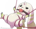 ambiguous_gender anthro ball_gag bandai_namco bdsm beady_eyes belly blush bodily_fluids bondage bound digimon digimon_(species) featureless_crotch fur gag horn long_ears male restraints rope rope_bondage shoru slightly_chubby solo suspended_in_midair sweat terriermon white_body white_fur