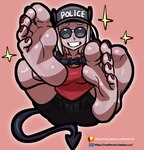 5_toes barefoot clothing colored_nails eyewear feet female foot_fetish hat headgear headwear horn humanoid_feet nails not_furry plantigrade red_nails smile soles solo spade_tail tail toes reathroch helltaker justice_(helltaker) demon demon_humanoid horned_humanoid humanoid hi_res