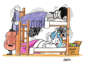 bed bowed_string_instrument bunk_bed cello duo female feral furniture horn musical_instrument simple_background speaker string_instrument white_background bobthedalek friendship_is_magic hasbro my_little_pony mythology octavia_(mlp) vinyl_scratch_(mlp) equid equine horse mammal mythological_creature mythological_equine pony unicorn 2017 hi_res
