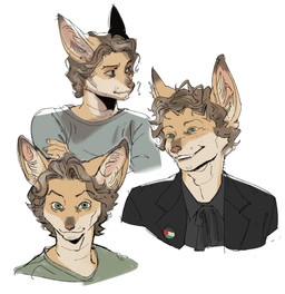 alternate_species anthro black_tie_(suit) blue_eyes brown_body brown_fur brown_hair clothing crossed_arms fur furrification grin hair looking_aside looking_at_viewer male palestine pointy_ears question_mark shirt short_hair simple_background smile snout solo suit topwear ddcrushh swann_arlaud canid canine fennec_fox fox mammal true_fox absurd_res bust_portrait digital_drawing_(artwork) digital_media_(artwork) hi_res portrait