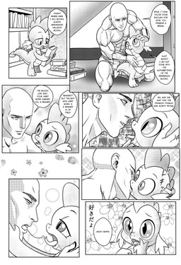 anthro bald blush bodily_fluids book dialogue fangs flower half_naked hand_on_head inside kissing looking_down looking_up male muscular open_mouth plant saliva saliva_string scales size_difference smile speech_bubble spikes spikes_(anatomy) spines tail teeth text tongue pencils_(artist) friendship_is_magic hasbro my_little_pony mythology anon spike_(mlp) dragon human mammal mythological_creature mythological_scalie scalie absurd_res comic english_text hi_res monochrome