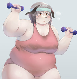 anthro blush bodily_fluids breasts cleavage clothed clothing exercise female hair humanoid_hands kemono overweight overweight_anthro overweight_female simple_background solo sweat workout cyrucrem canid canine canis domestic_dog mammal 2021 hi_res