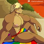 biceps black_nose blonde_hair brown_body brown_fur clothed clothing fur hair hair_over_eyes lgbt_pride male multicolored_clothing muscular muscular_male nipples pecs pride_color_clothing pride_colors rainbow_clothing rainbow_pride_colors solo speedo swimwear topless clamcrusher lgbt_pride_month ocean_otter mammal mustelid otter