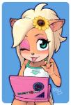 activision anthro bandicoot blonde_hair blue_eyes blush bracelet coco_bandicoot computer crash_bandicoot_(series) electronics female hair jewelry laptop looking_at_viewer low_res mammal marsupial one_eye_closed pey solo tongue tongue_out wink