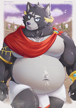 anthro biceps black_body black_fur blue_eyes body_hair bracelet chest_tuft claws clothed clothing cloud detailed_background eyebrows facial_piercing fangs fingers fur grey_body grey_fur happy jewelry laurel_wreath looking_at_viewer male multicolored_body multicolored_fur musclegut muscular muscular_anthro muscular_male navel partially_clothed pecs piercing raised_eyebrow red_clothing royalty sky solo teeth tuft two_tone_body two_tone_fur littlehyper adastra adastra_(series) echo_project amicus_(adastra) canid canine canis mammal wolf hi_res