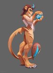 anthro barefoot blue_hair brown_hair clothing feet female fur globe hair holding_object long_tail muscular_legs orange_eyes paws solo tail tail_tuft tan_body tan_fur translucent translucent_clothing tuft pogonip felid lion mammal pantherine 2020 hi_res