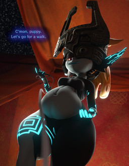 belly big_belly clothing dialogue female fused_shadow genitals glowing glowing_eyes glowing_genitalia glowing_markings headgear headwear holding_leash holding_object leash looking_at_viewer looking_down low-angle_view markings not_furry nude outside shortstack shortstack_female solo text thick_thighs vulva shimshimakaze palewdasarts_(modeler) uncle_lu_(modeler) nintendo the_legend_of_zelda twilight_princess midna imp twili absurd_res english_text hi_res
