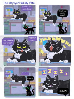 :3 ambiguous_gender black_body black_fur collar countershading dialogue duo falling_asleep feral fur glistening glistening_eyes green_eyes greeting lazy open_mouth question_mark scar simple_background sleeping store text toony whiskers white_background white_body white_fur yawn yellow_eyes shanhorandraws little_kitty_big_city little_kitty_(lkbc) mayor_cat_(lkbc) domestic_cat felid feline felis mammal 2025 comic english_text hi_res official_art