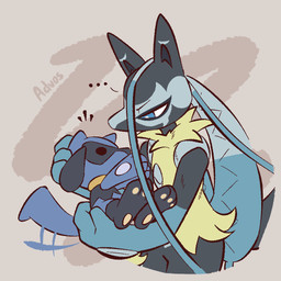 3_fingers 3_toes ambiguous_gender anthro biped blue_body blue_eyes blue_fur blue_tail carrying_another duo ellipsis eye_contact feet fingers fur looking_at_another nude nude_ambiguous nude_anthro pawpads paws size_difference standing tail tail_motion tailwag toes advos nintendo pokemon pokemon_legends_z-a canid generation_4_pokemon generation_9_pokemon mammal mega_evolution mega_lucario_z pokemon_(species) riolu 1:1 2025 digital_drawing_(artwork) digital_media_(artwork)